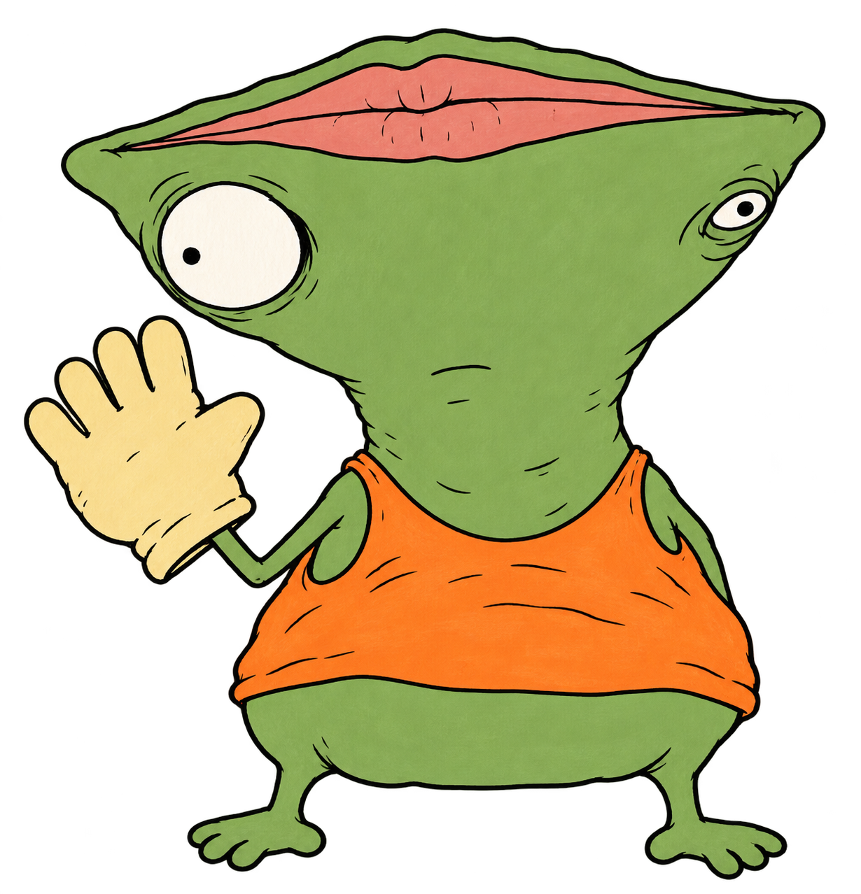 Mwap, a green character with a wide head and orange shirt