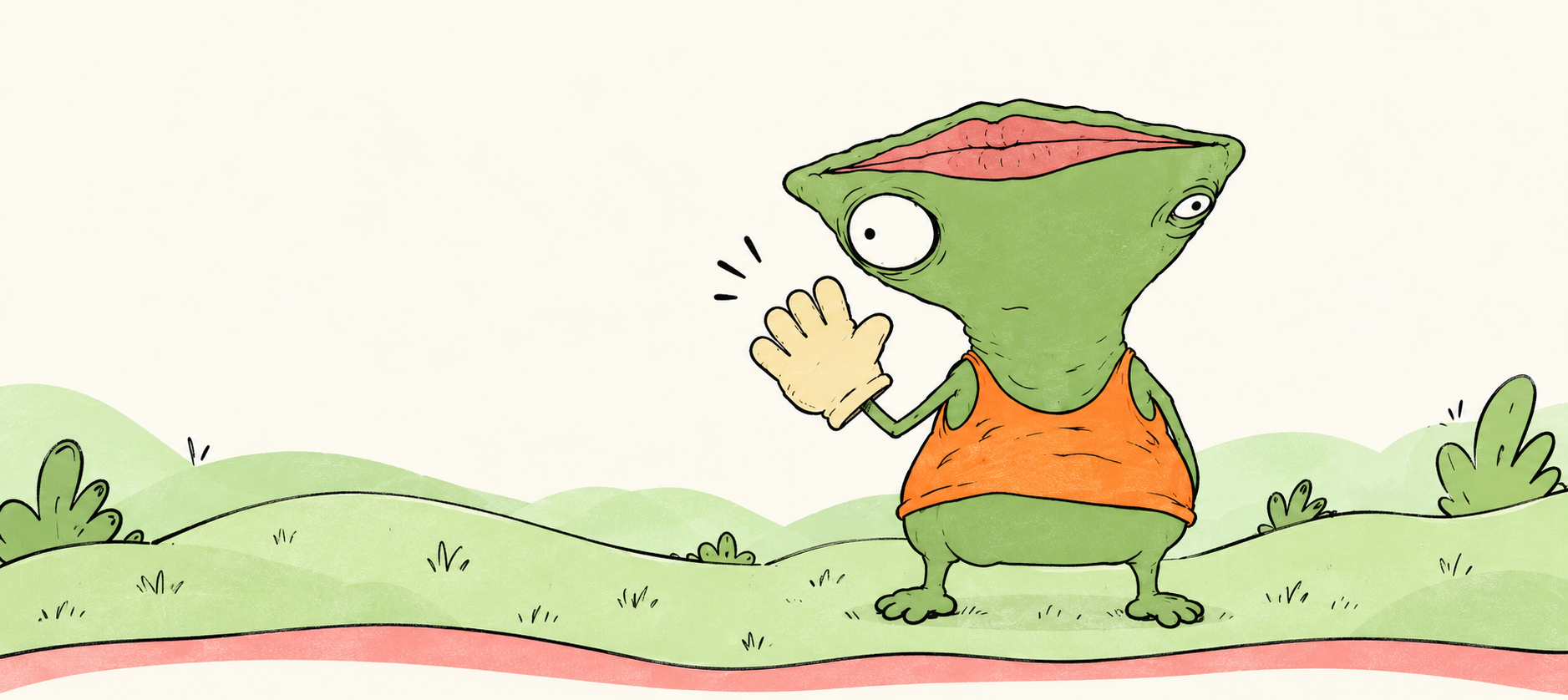 Mwap waving on green hills